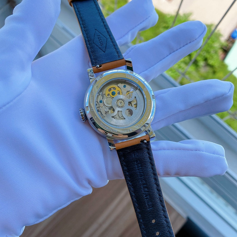  Shop Authentic Fossil Boyfriend Automatic Skeleton Silver Dial Brown Leather Strap Watch for Women - ME3109 - Luxxuri