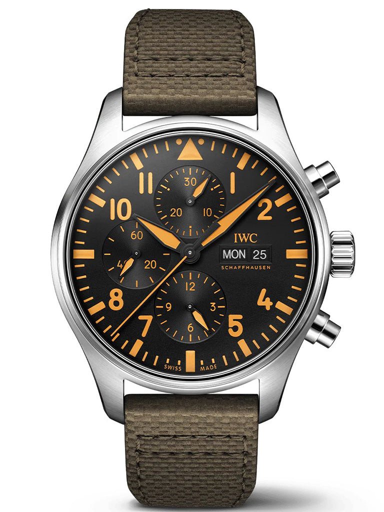  Shop Authentic IWC Pilot's Watch Chronograph Black Dial Olive Green Calfskin Strap Watch for Men - IW377730 - Luxxuri
