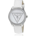  Shop Authentic Guess Mini Triangle Quartz Diamonds Silver Dial White Leather Strap Watch For Women - W65006L1 - Luxxuri