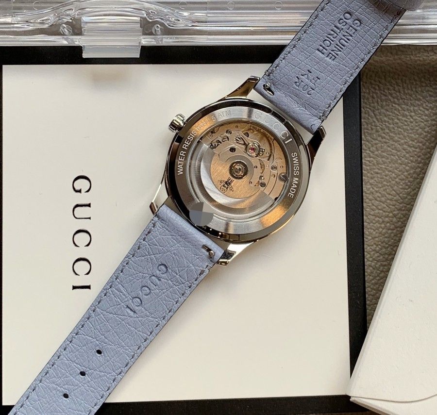  Shop Authentic Gucci G Timeless Automatic Mother of Pearl Dial Blue Leather Strap Watch For Women - YA1264113 - Luxxuri