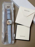  Shop Authentic Gucci G Timeless Automatic Mother of Pearl Dial Blue Leather Strap Watch For Women - YA1264113 - Luxxuri