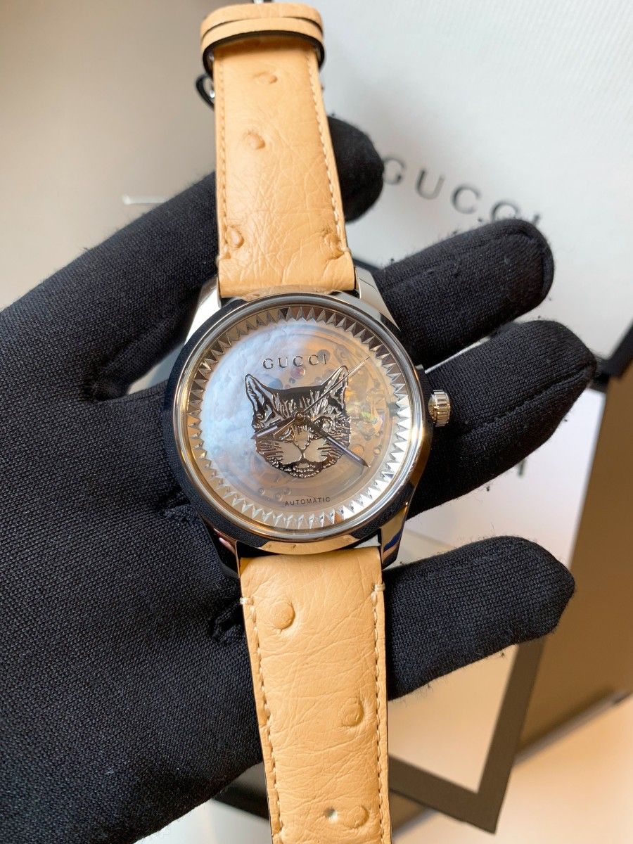  Shop Authentic Gucci G Timeless Automatic Mother of Pearl Dial Brown Leather Strap Watch For Women - YA1264112 - Luxxuri