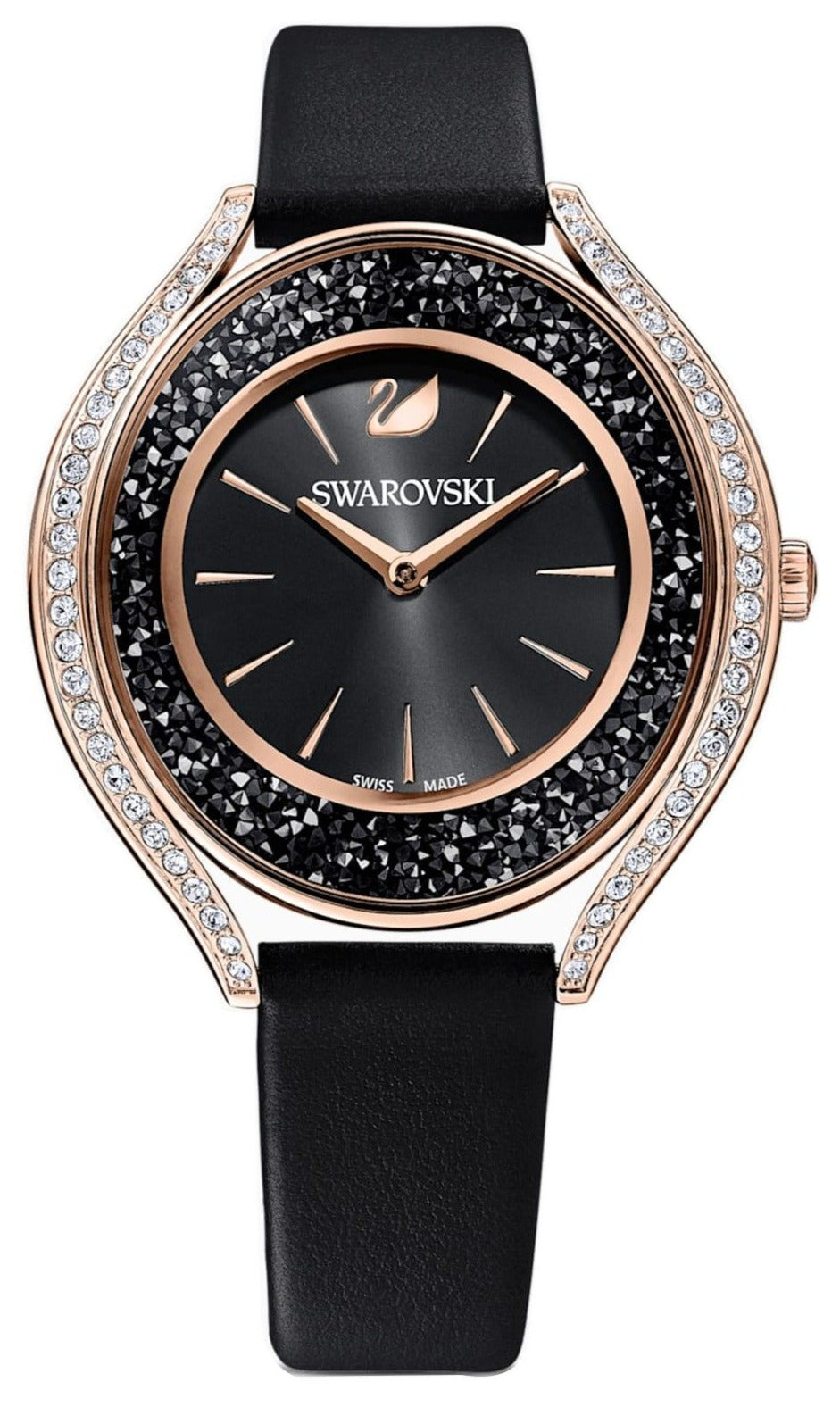  Shop Authentic Swarovski Crystalline Aura Black Dial Black Leather Strap Watch for Women - 5558634 - Luxxuri