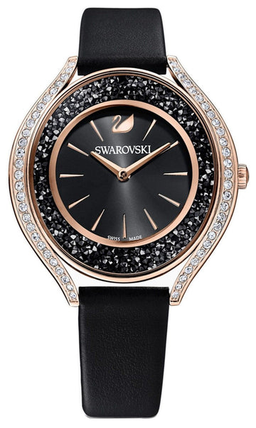  Shop Authentic Swarovski Crystalline Aura Black Dial Black Leather Strap Watch for Women - 5558634 - Luxxuri