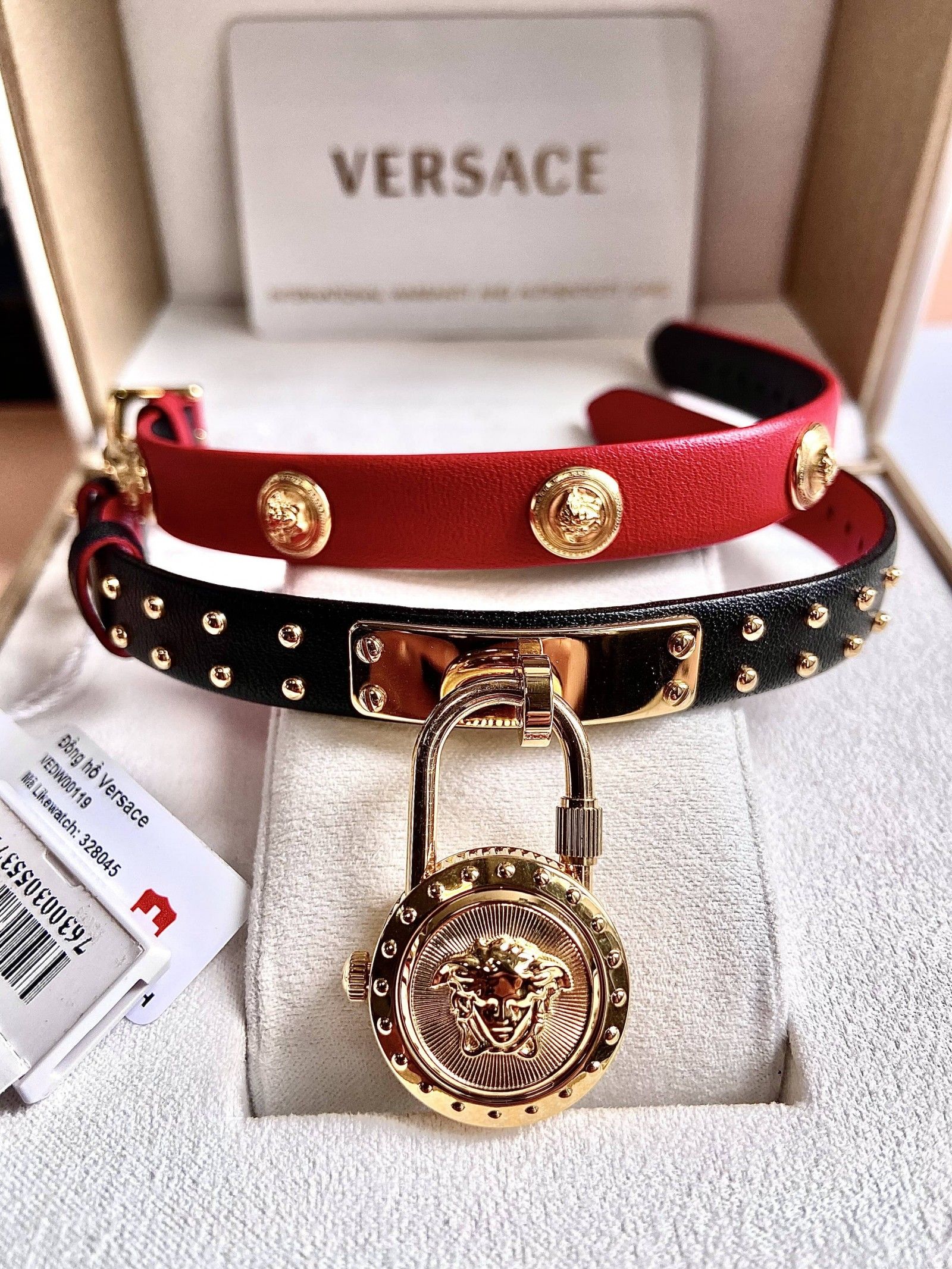  Shop Authentic Versace Medusa Lock Icon Gold Dial Red Leather Strap Watch for Women - VEDW00119 - Luxxuri