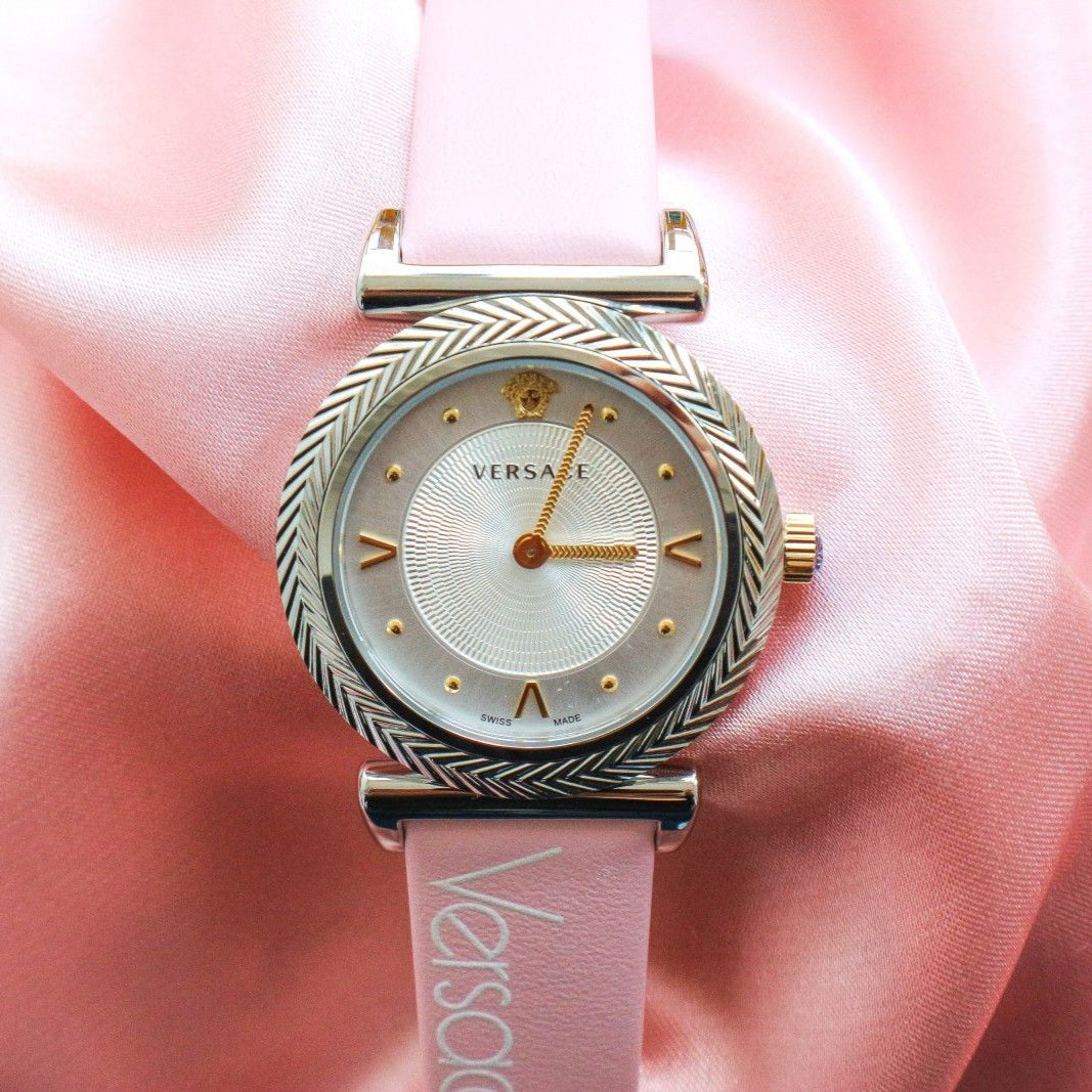  Shop Authentic Versace V-Motif Silver Dial Pink Leather Strap Watch for Women - VERE00118 - Luxxuri