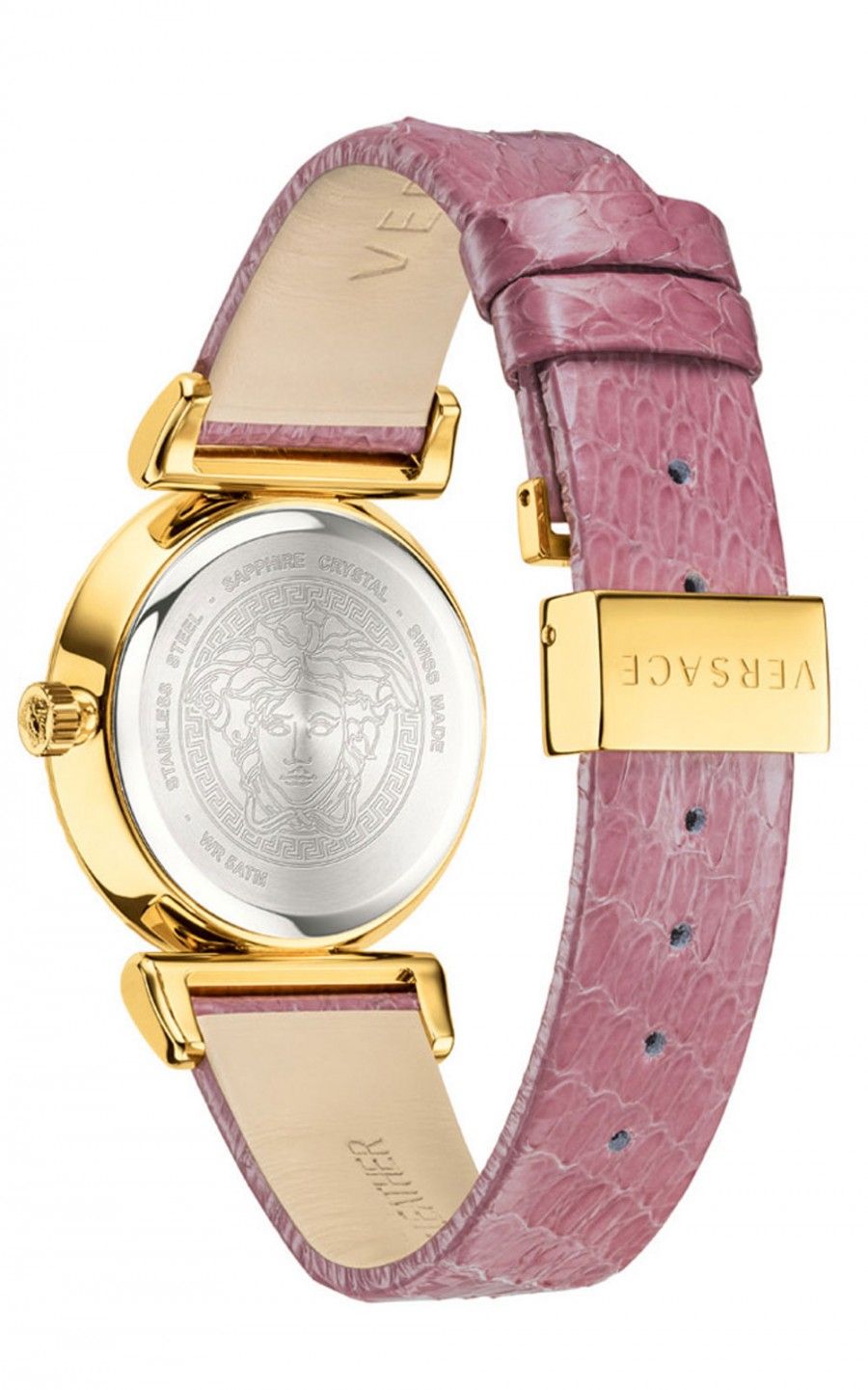  Shop Authentic Versace V-Motif Vintage Logo Diamonds Gold Dial Pink Leather Strap Watch for Women - VERE01118 - Luxxuri