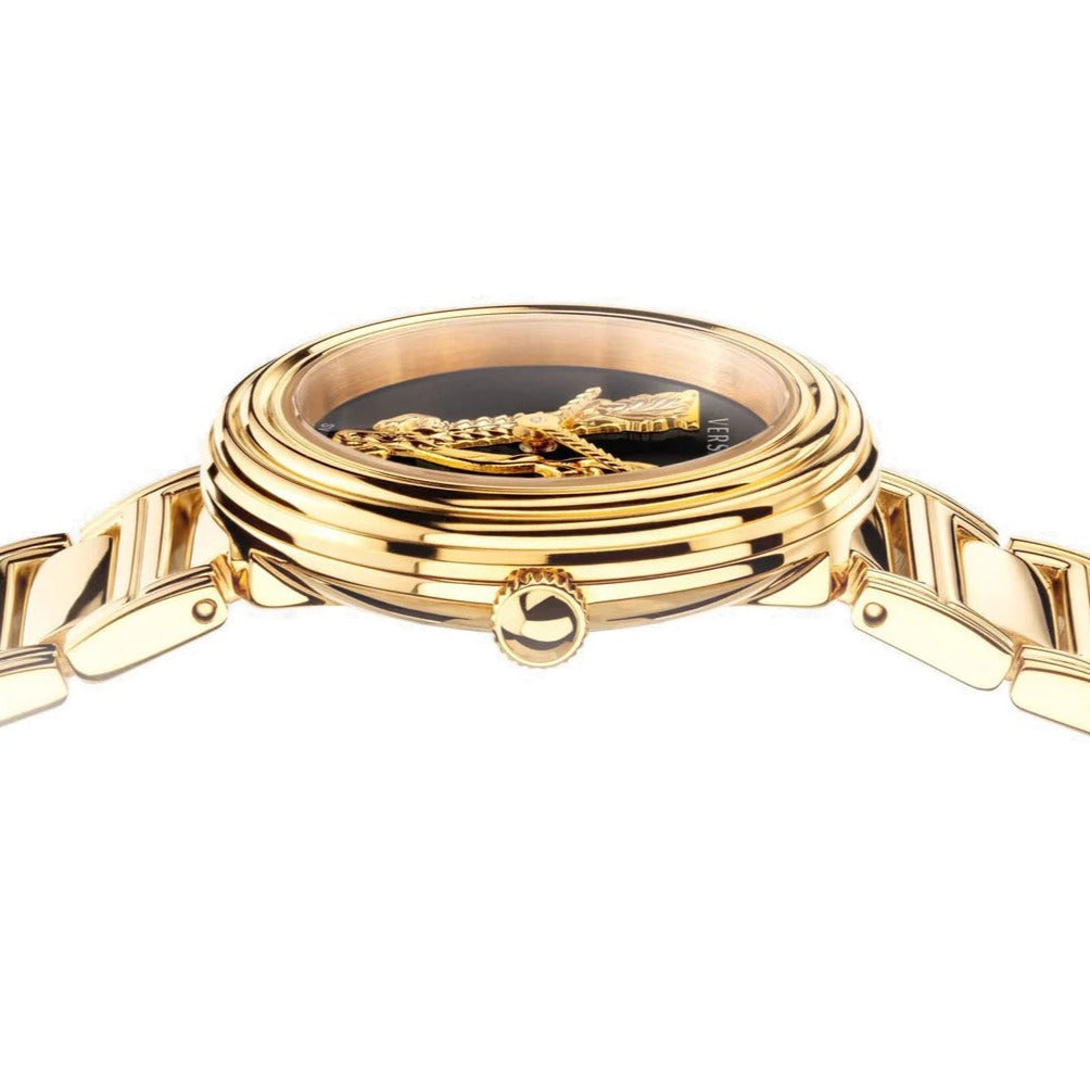 Versace V Virtus Quartz Black Dial Gold Steel Strap Watch For Women - VET300121