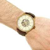  Shop Authentic Fossil Flynn Mechanical Skeleton Beige Dial Brown Leather Strap Watch for Men - BQ2215 - Luxxuri