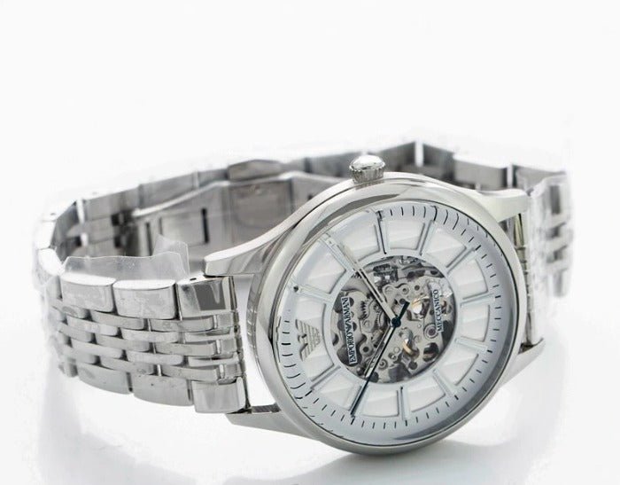  Shop Authentic Emporio Armani Meccanico Skeleton Silver Dial Silver Steel Strap Watch For Men - AR1945 - Luxxuri