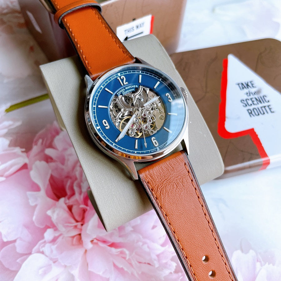  Shop Authentic Fossil Forrester Luggage Automatic Skeleton Blue Dial Brown Leather Strap Watch for Men - ME3179 - Luxxuri