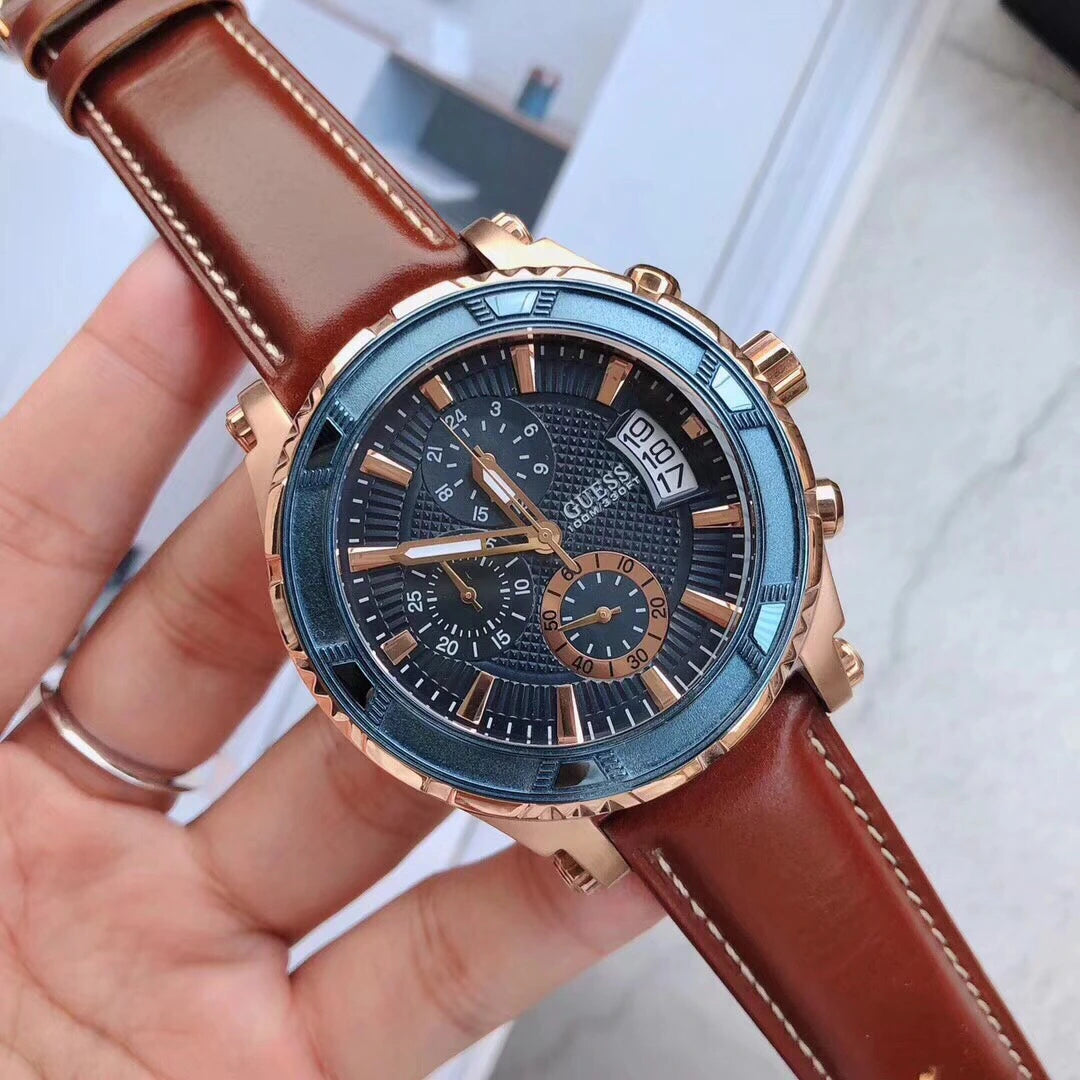  Shop Authentic Guess Pinnacle Chronograph Quartz Blue Dial Brown Leather Strap Watch For Women - W0673G3 - Luxxuri