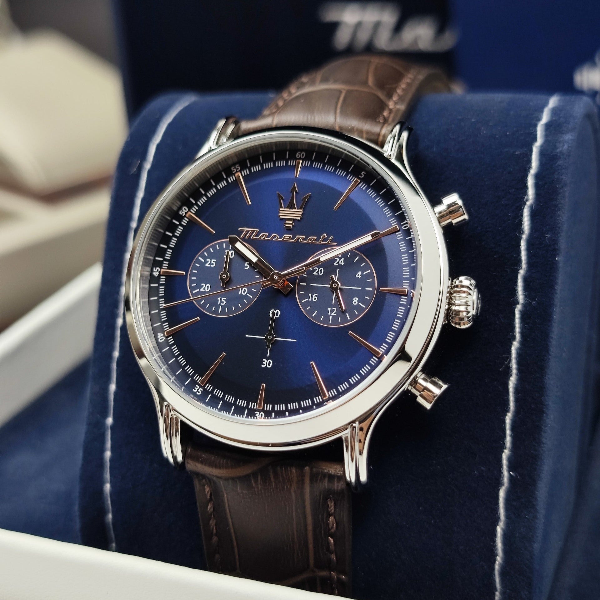 Maserati Epoca Chronograph Blue Dial Brown Leather Strap Watch For Men - R8871618014