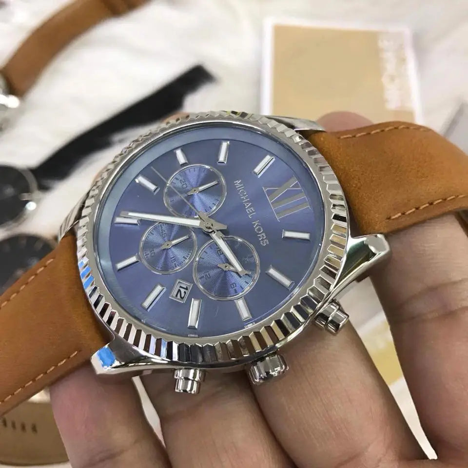  Shop Authentic Michael Kors Lexington Chronograph Blue Dial Brown Leather Strap Watch For Men - MK8537 - Luxxuri