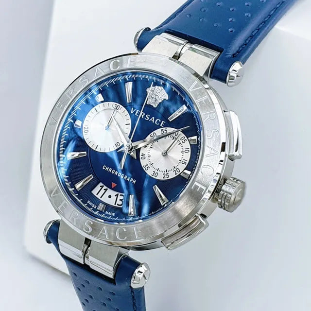Versace Aion Chronograph Blue Dial Blue Leather Strap Watch for Men - VE1D01220