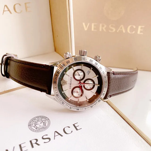  Shop Authentic Versace Classic Chronograph Quartz Silver Dial Brown Leather Strap Watch For Men - VEV700119 - Luxxuri