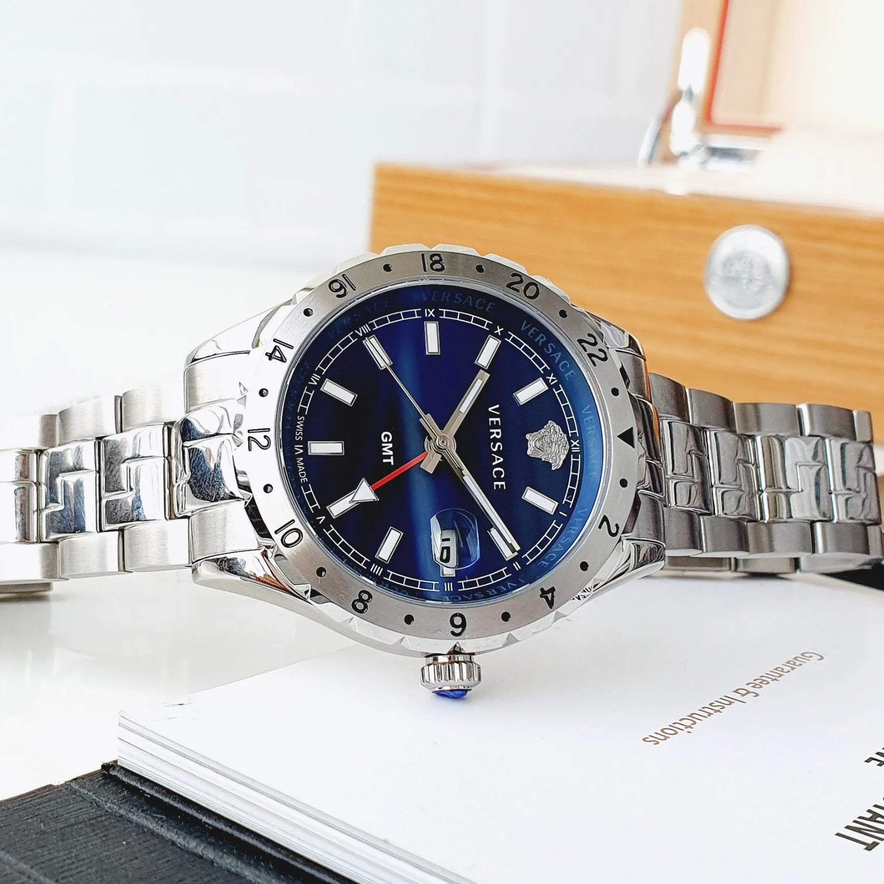  Shop Authentic Versace Hellenyium GMT Blue Dial Silver Steel Strap Watch for Men - V11010015 - Luxxuri