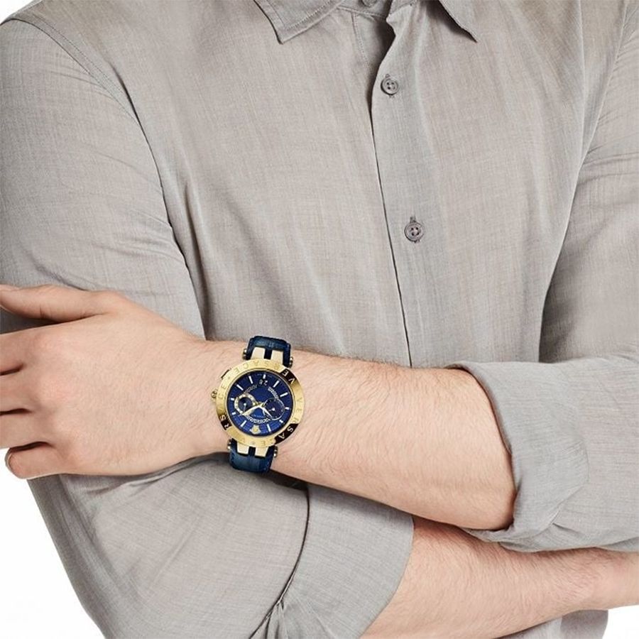 Versace V-Race Multifunction Quartz Blue Dial Blue Leather Strap Watch For Men - VEBV00219