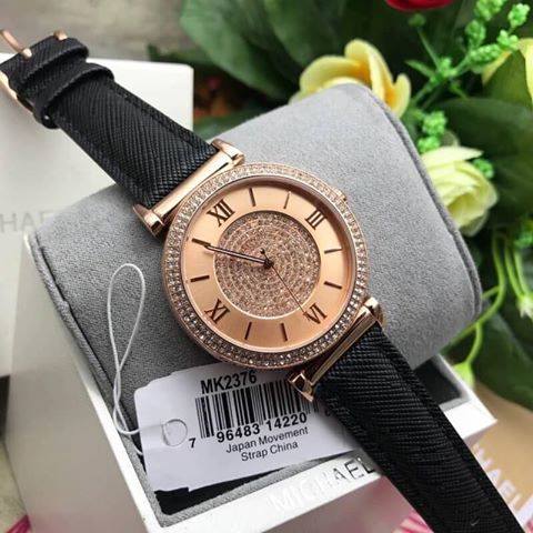  Shop Authentic Michael Kors Catlin Rose Gold Crystal Dial Black Leather Strap Watch for Women - MK2376 - Luxxuri