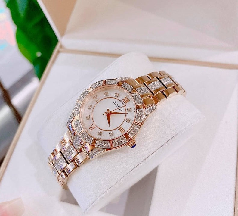  Shop Authentic Bulova Crystal Mother of Pearl Dial Rose Gold Steel Strap Watch for Women - 98L197 - Luxxuri