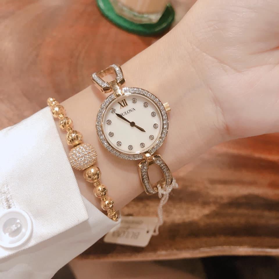  Shop Authentic Bulova Crystal Collection Mother of Pearl Dial Gold Steel Strap Watch for Women - 98L225 - Luxxuri