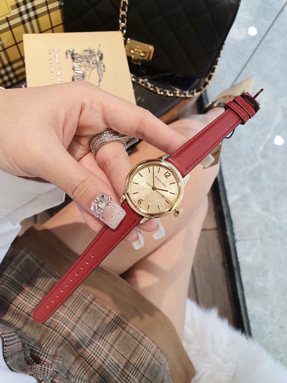  Shop Authentic Burberry The Classic Gold Dial Red Leather Strap Watch for Women - BU10102 - Luxxuri