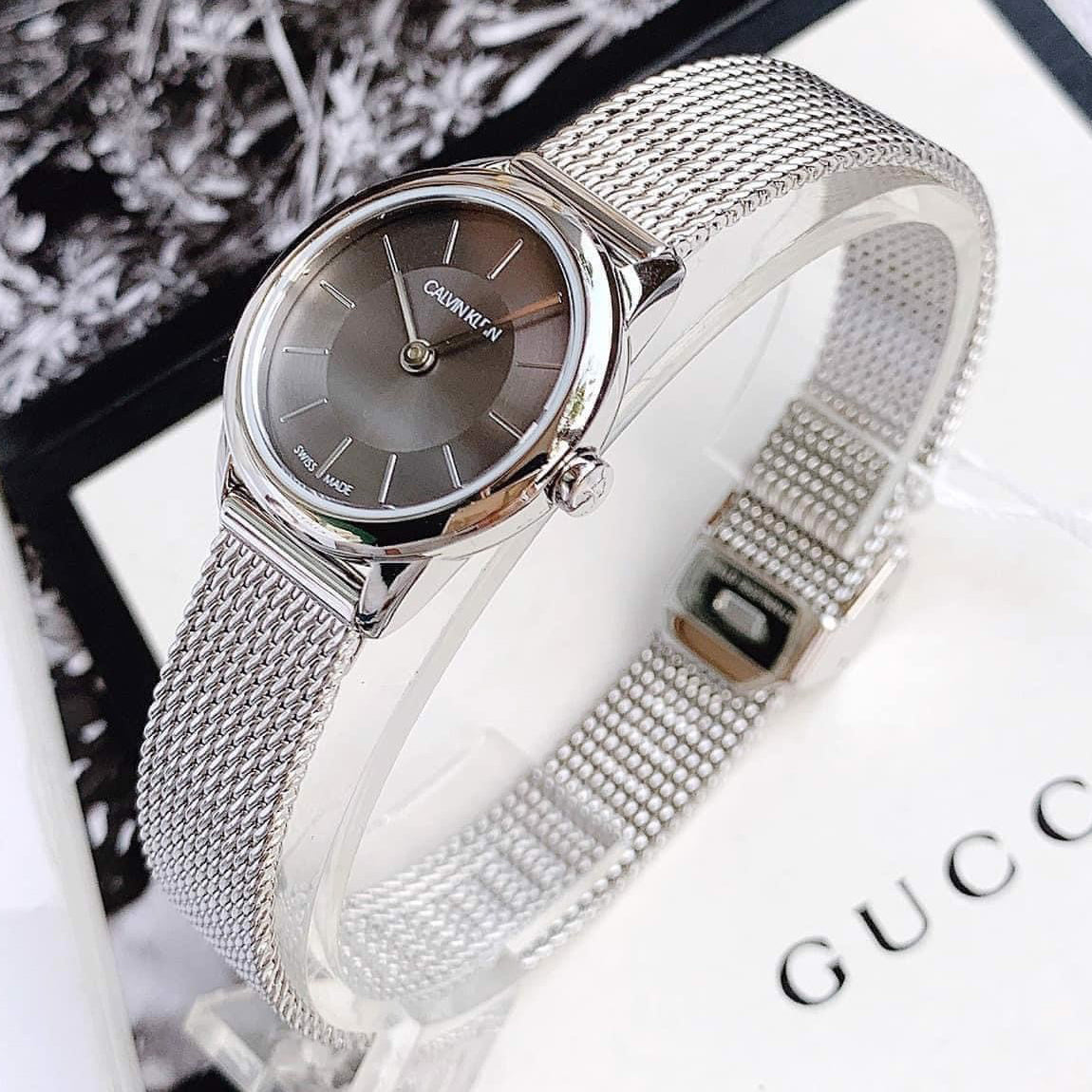  Shop Authentic Calvin Klein Minimal Grey Dial Silver Mesh Bracelet Watch for Women - K3M23124 - Luxxuri