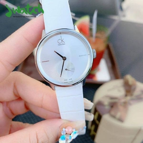  Shop Authentic Calvin Klein Accent Silver Dial White Leather Strap Watch for Women - K2Y231K6 - Luxxuri