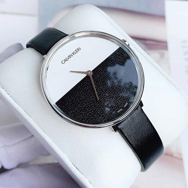  Shop Authentic Calvin Klein Rise White Grey Dial Black Leather Strap Watch for Women - K7A231C3 - Luxxuri