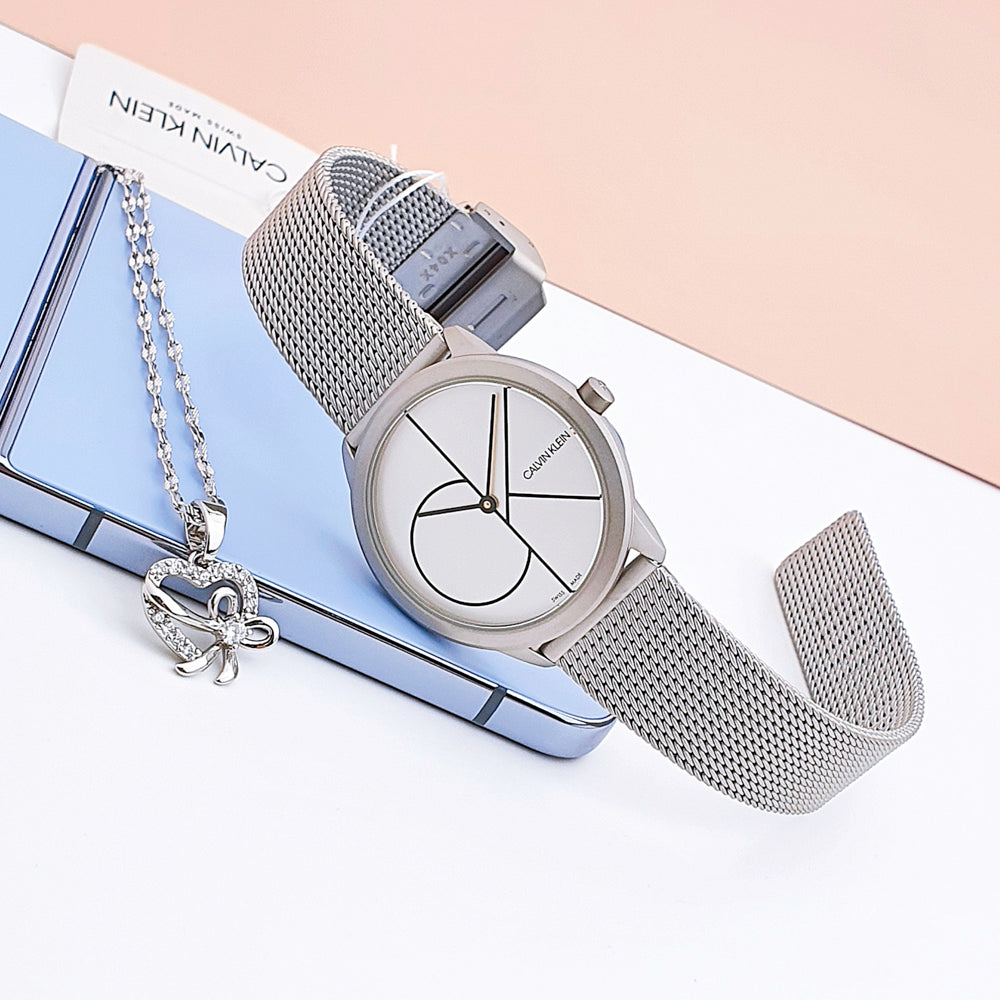  Shop Authentic Calvin Klein Minimal White Dial Silver Mesh Bracelet Watch for Women - K3M5215X - Luxxuri