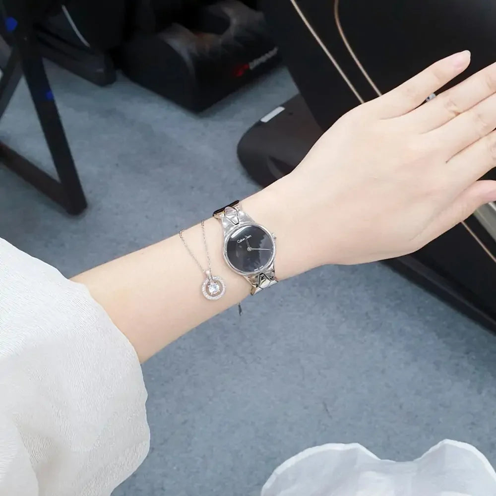  Shop Authentic Calvin Klein Snake Black Dial Silver Steel Strap Watch For Women - K6E23141 - Luxxuri