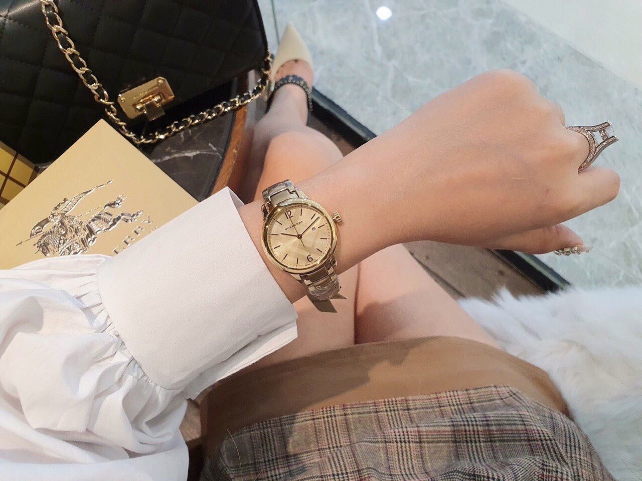  Shop Authentic Burberry The Classic Champagne Dial Gold Steel Strap Watch for Women - BU10109 - Luxxuri