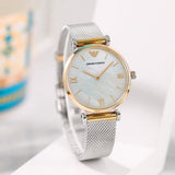  Shop Authentic Emporio Armani Gianni T Bar Mother of Pearl Dial Silver Mesh Bracelet Watch For Women - AR2068 - Luxxuri