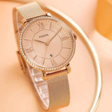  Shop Authentic Fossil Jacqueline Quartz Rose Gold Dial Rose Gold Mesh Strap Watch for Women - ES4628 - Luxxuri