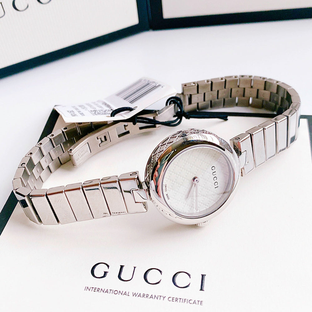  Shop Authentic Gucci Diamantissima Quartz White Dial Silver Steel Strap Watch For Women - YA141402 - Luxxuri