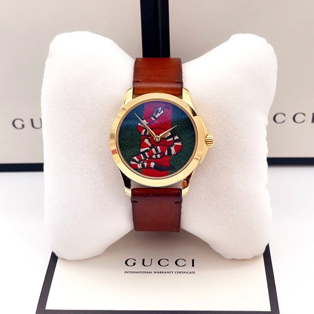  Shop Authentic Gucci Le Marche Des Merveilles Green and Red Dial Brown Leather Strap Unisex Watch - YA1264012 - Luxxuri