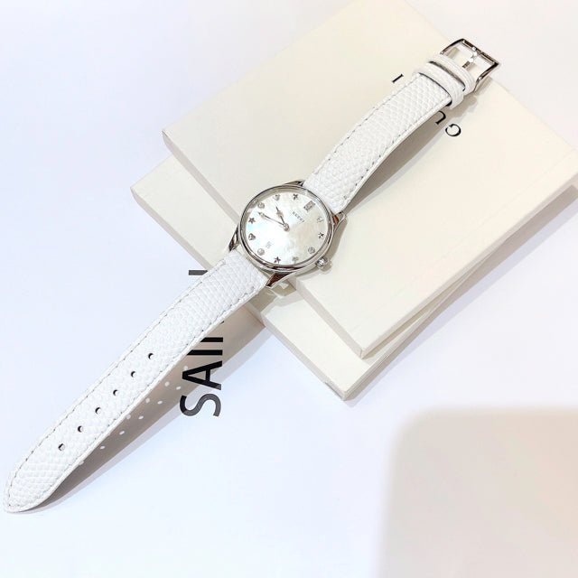  Shop Authentic Gucci G-Timeless Mother of Pearl White Dial White Leather Strap Watch For Women - YA126597 - Luxxuri