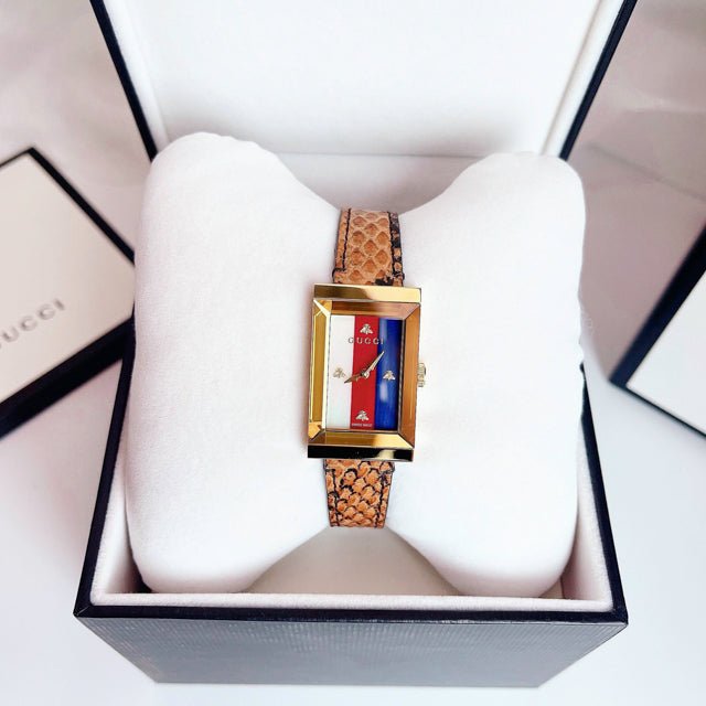  Shop Authentic Gucci G-Frame Mother of Pearl Dial Brown Leather Snakeskin Strap Watch For Women - YA147402 - Luxxuri