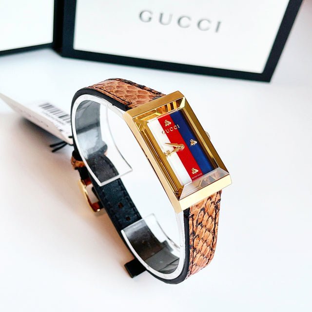 Shop Authentic Gucci G-Frame Mother of Pearl Dial Brown Leather Snakeskin Strap Watch For Women - YA147402 - Luxxuri