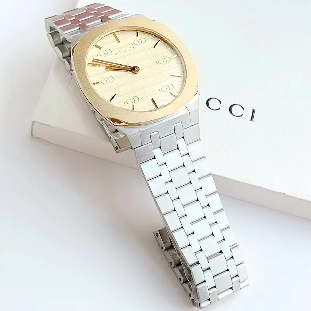  Shop Authentic Gucci 25H Quartz Gold Dial Silver Steel Strap Watch for Men - YA163405 - Luxxuri