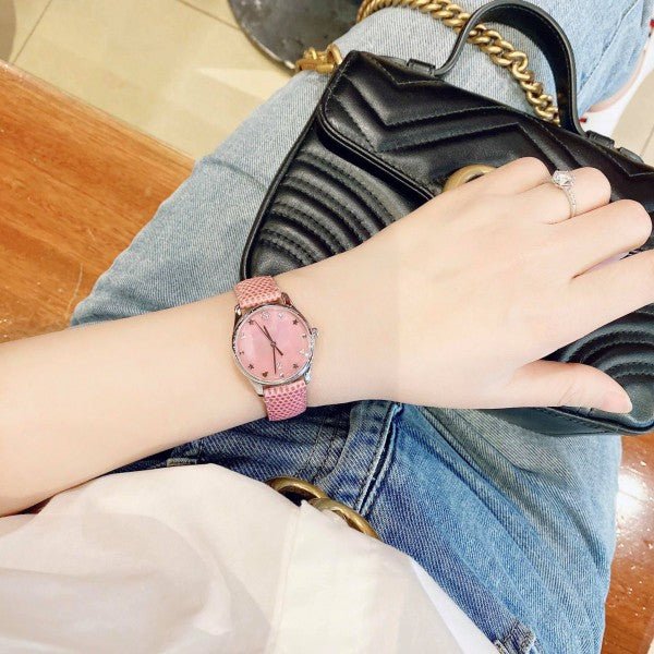  Shop Authentic Gucci G-Timeless Pink Mother of Pearl Dial Pink Leather Strap Watch For Women - YA126586 - Luxxuri