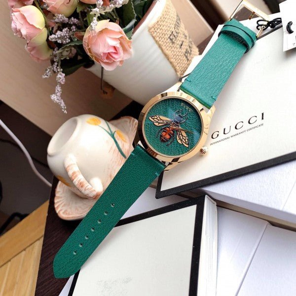  Shop Authentic Gucci G Timeless Bee Green Dial Green Leather Strap Watch For Women - YA1264065 - Luxxuri