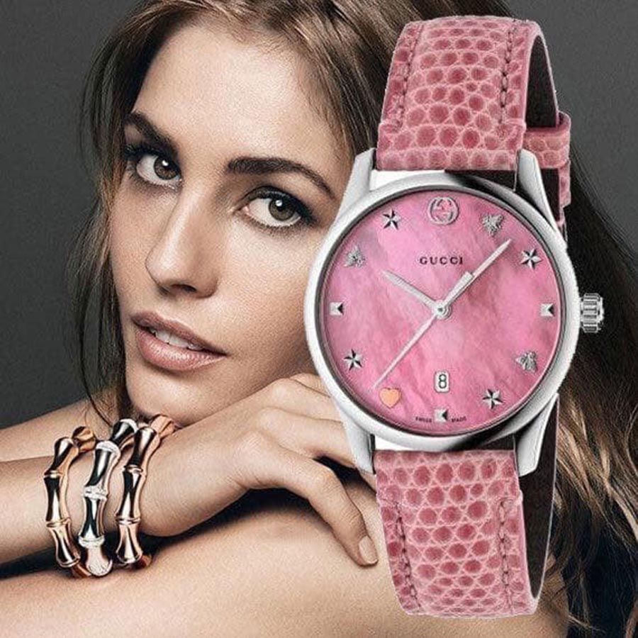  Shop Authentic Gucci G-Timeless Pink Mother of Pearl Dial Pink Leather Strap Watch For Women - YA126586 - Luxxuri