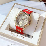  Shop Authentic Guess Frontier Diamonds Gold Dial Red Rubber Strap Watch for Women - GW0045L2 - Luxxuri