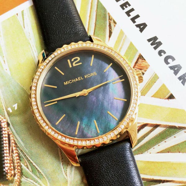  Shop Authentic Michael Kors Layton Three Hand Mother of Pearl Black Dial Black Leather Strap Watch For Women - MK2911 - Luxxuri