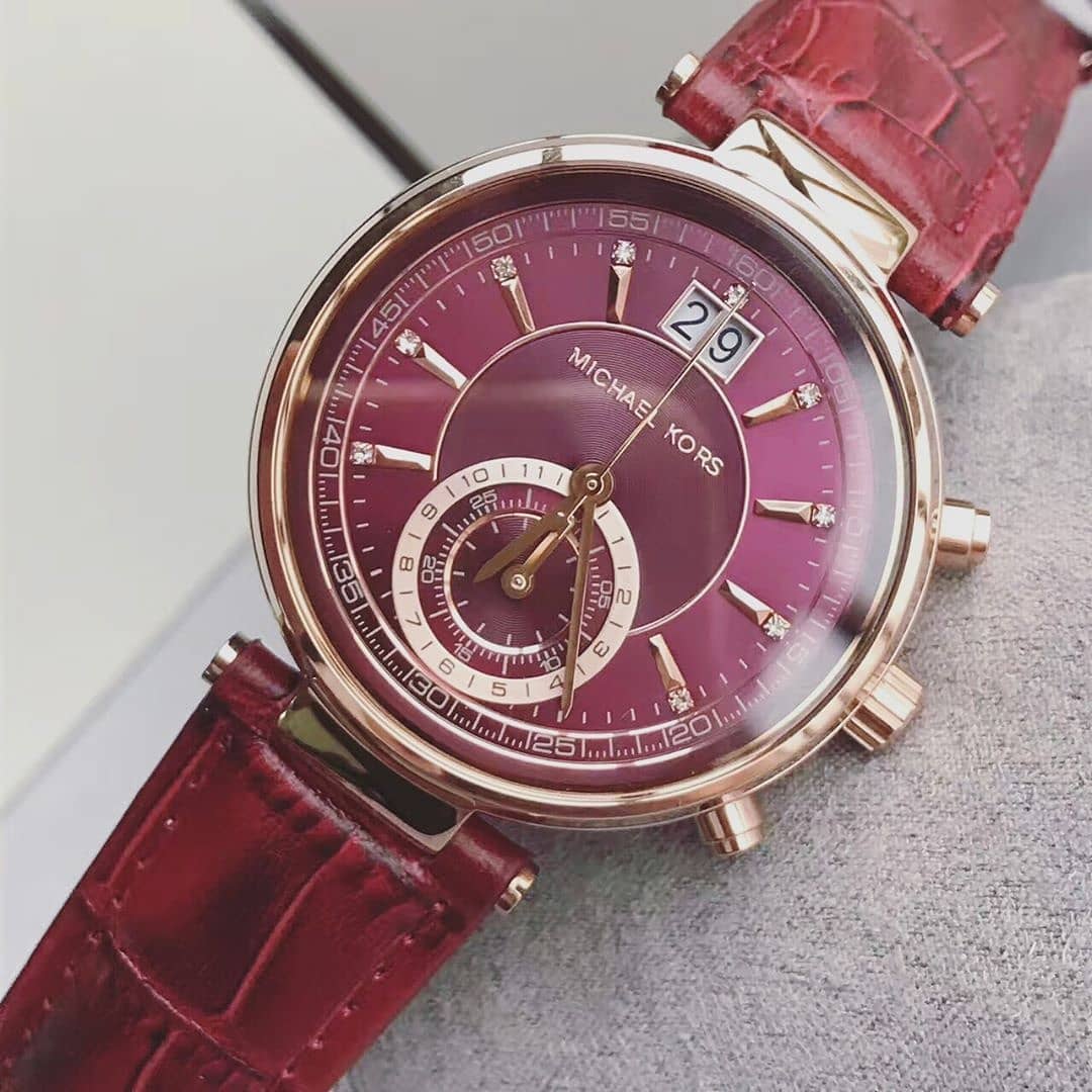  Shop Authentic Michael Kors Sawyer Maroon Dial Maroon Leather Strap Watch for Women - MK2426 - Luxxuri