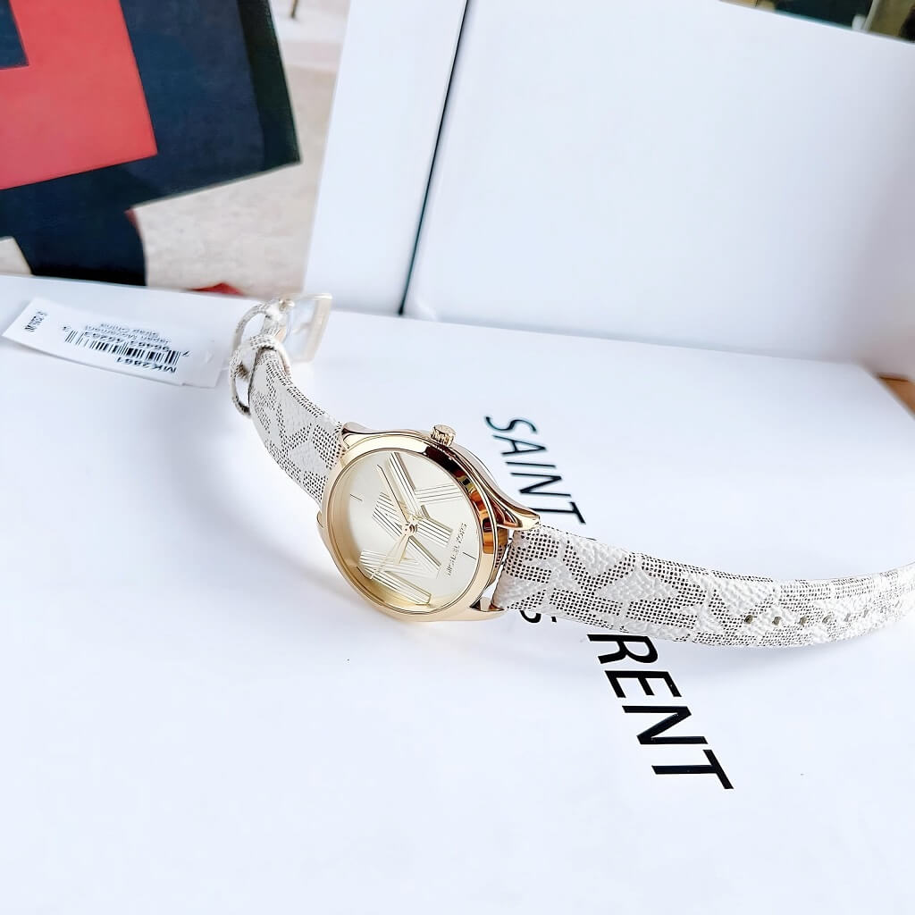  Shop Authentic Michael Kors Jaycie Quartz Gold Dial White Leather Strap Watch for Women - MK2861 - Luxxuri