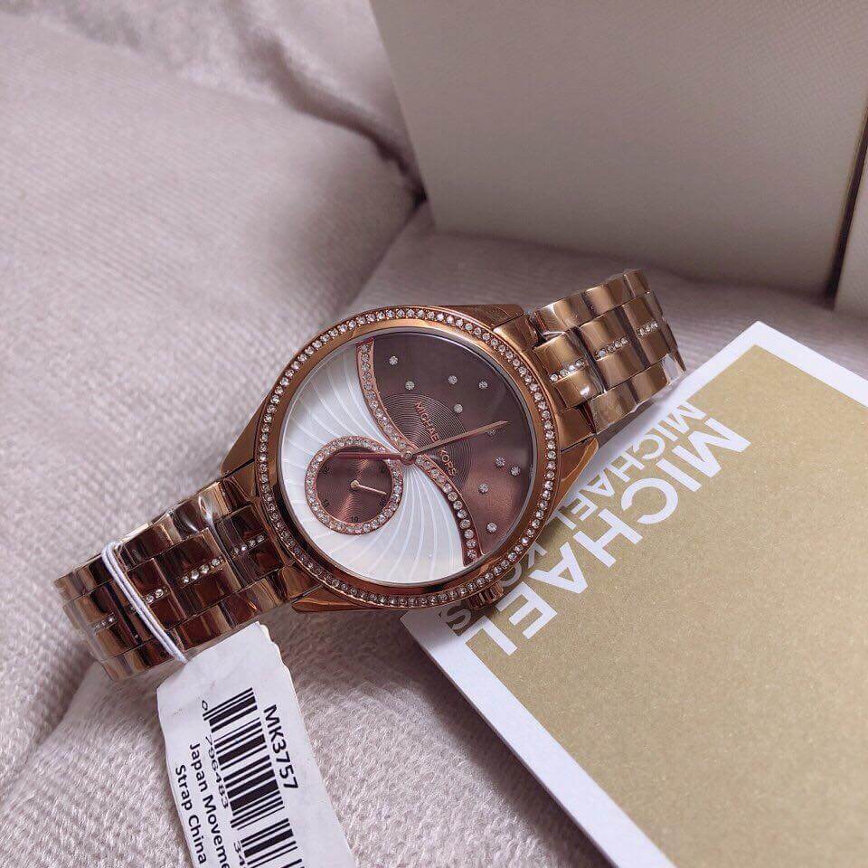 Michael Kors Lauryn Rose Gold Dial Brown Steel Strap Watch for Women - MK3757