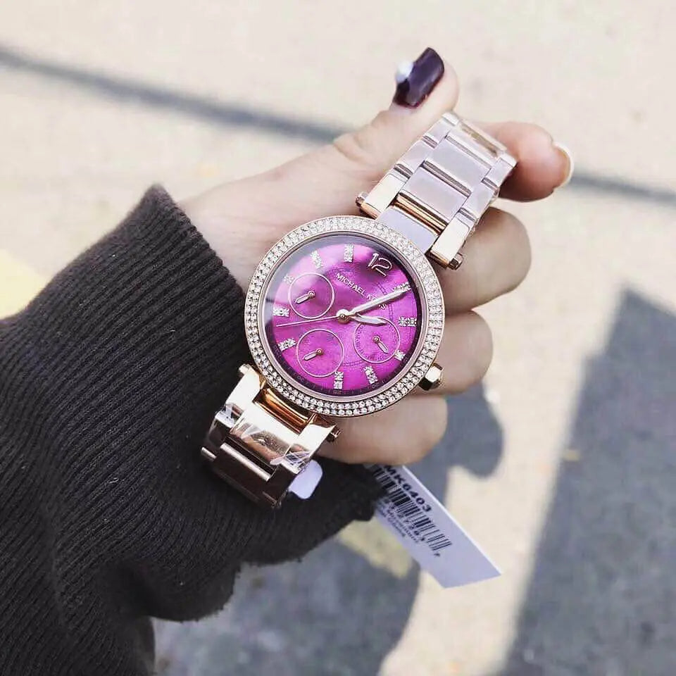  Shop Authentic Michael Kors Mini Parker Multi-Function Plum Mother of Pearl Dial Rose Gold Steel Strap Watch For Women - MK6403 - Luxxuri