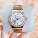  Shop Authentic Michael Kors Lennox Three Hand Rose Gold Dial Rose Gold Mesh Strap Watch For Women - MK7336 - Luxxuri